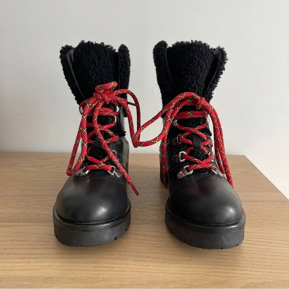 Aquatalia Jamie Black leather combat lace up boot shearling trim moto 11